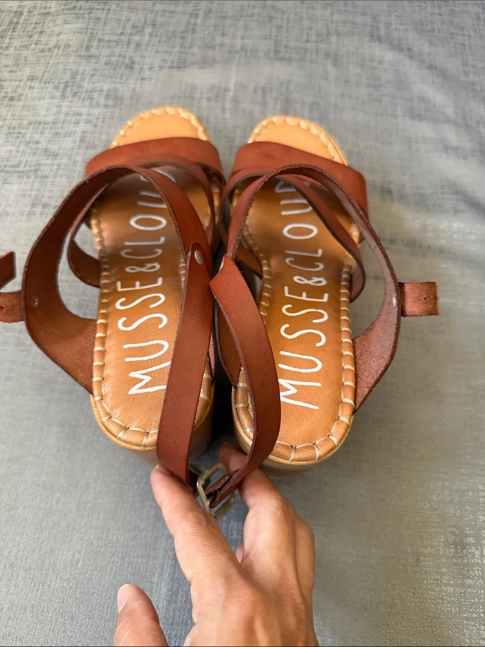 Musse & Cloud Tan Triple-Strap Platform Sandals